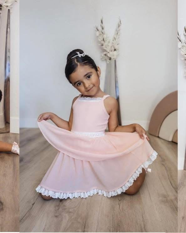 Ballet Pink Pirouette – Lace Detail Chiffon Boutique Girls Dance Leotard | Built-In Shorts Adjustable Straps Heirloom Style