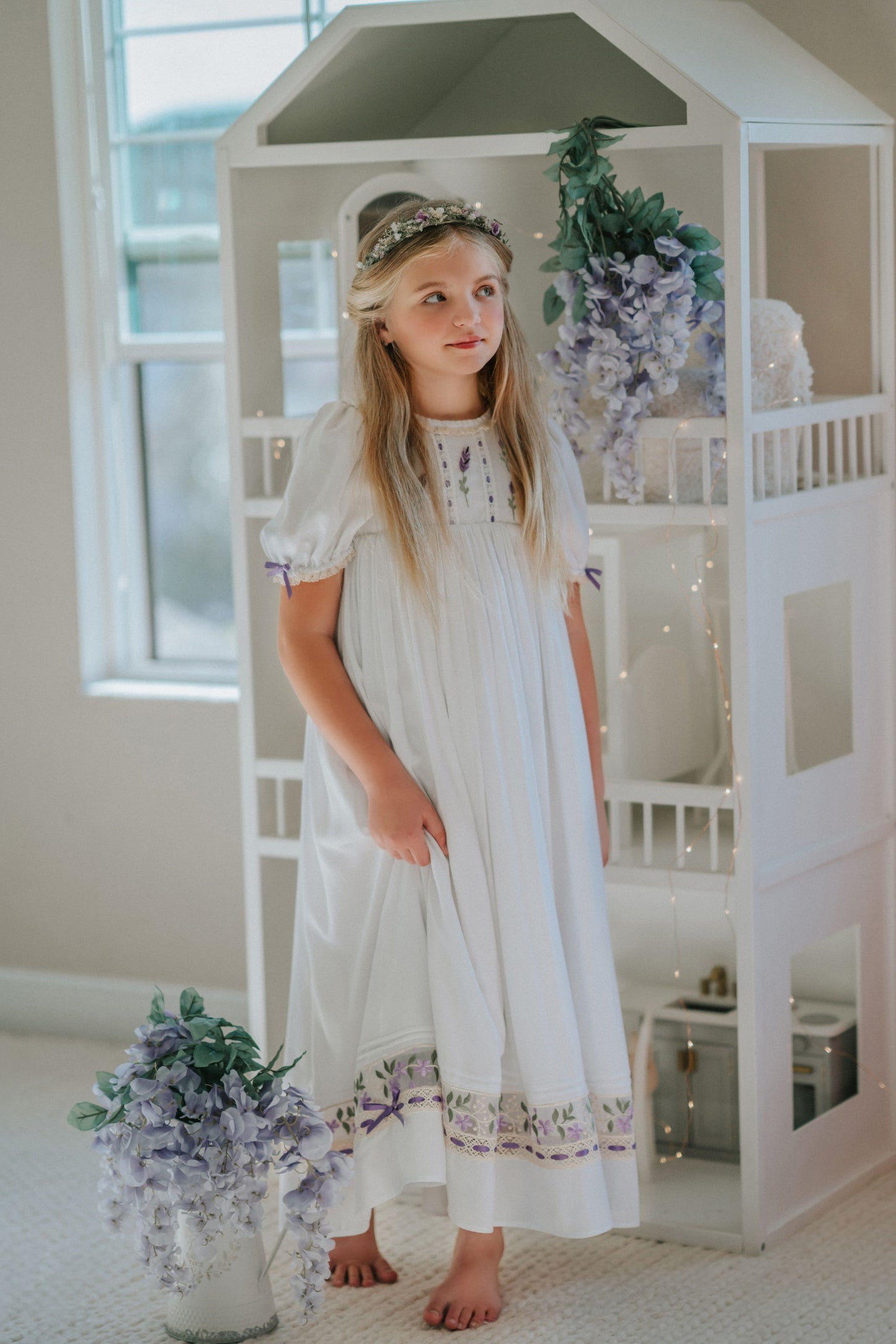 Lavender Bloom Dress – Hand Embroidered Vintage Inspired Boutique Girls Dress | Viscose Lace Crochet Heirloom Style