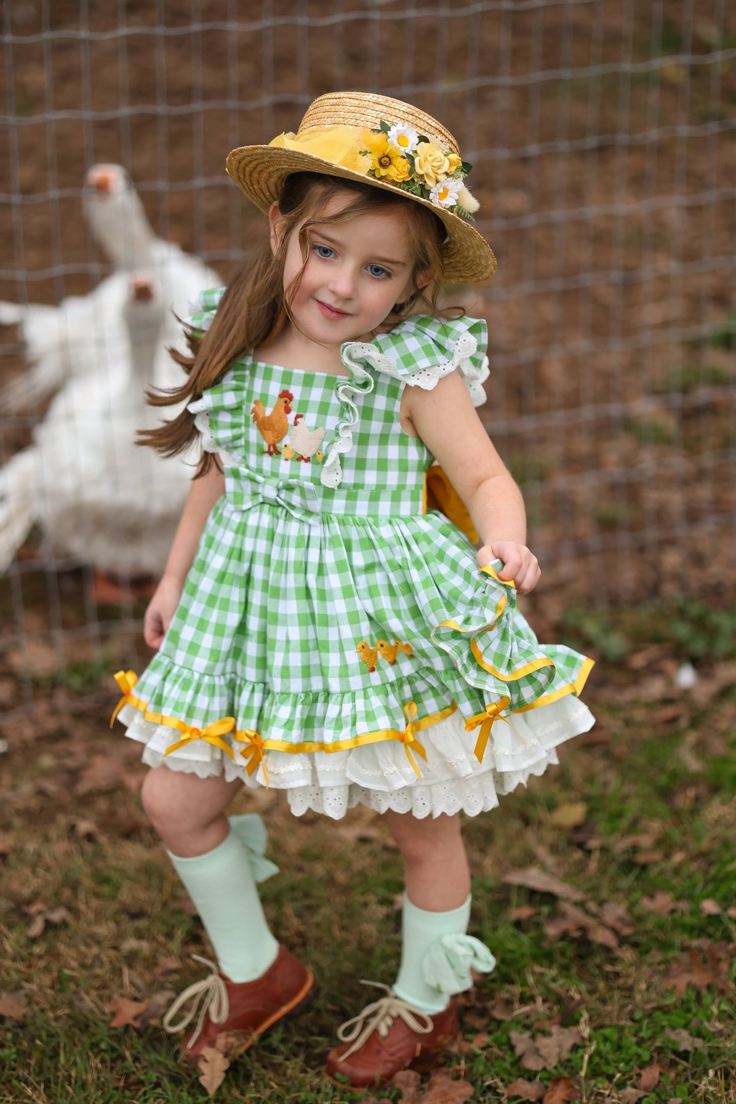 Emily's Little Farm Friends Dress – Hand Embroidered Vintage Inspired Cotton Boutique Girls Summer Dress | Plaid Lace Ruffle Heirloom Style
