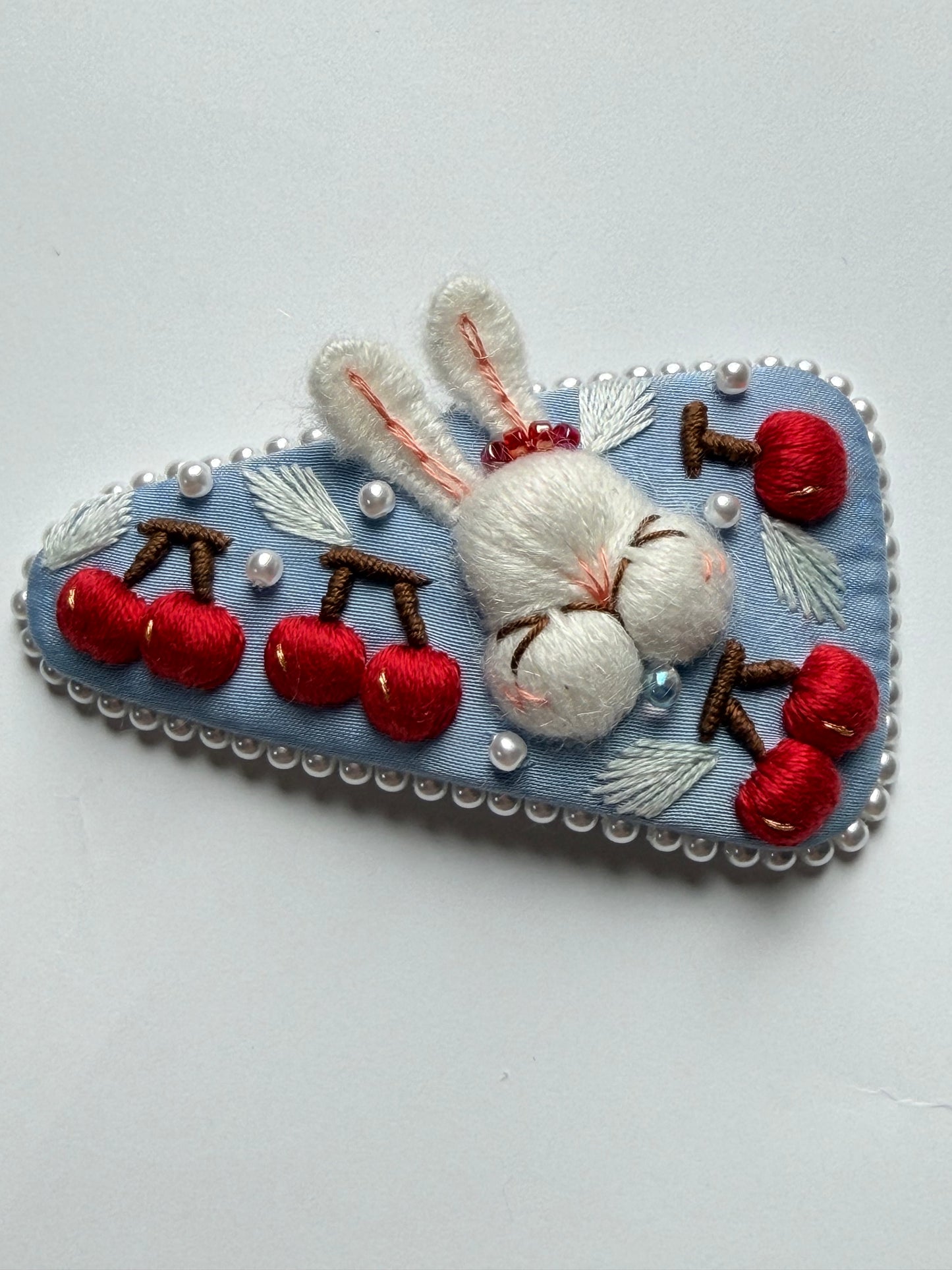 "Cerise en Ligne" — Cherry Row Bunny Hand-Embroidered Heirloom Barrette