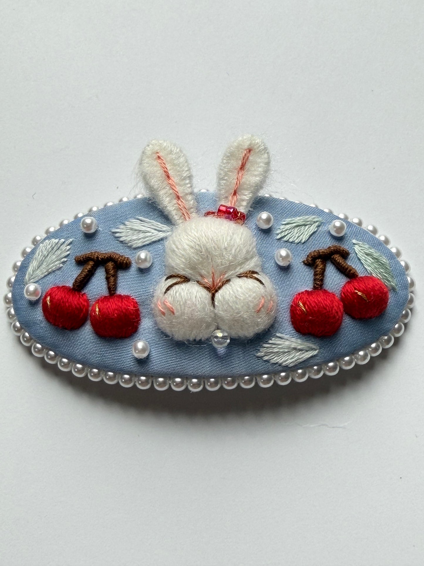 "Coco Cerise Ovale" — Cherry Bunny Hand-Embroidered Heirloom Oval Barrette