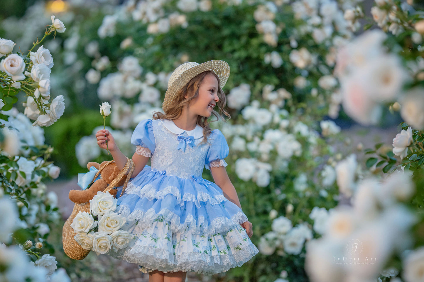 Hydrangea Bloom Royale – Floral Print Vintage Inspired Boutique Girls Dress | Lace Overlay Puff Sleeve Heirloom Style