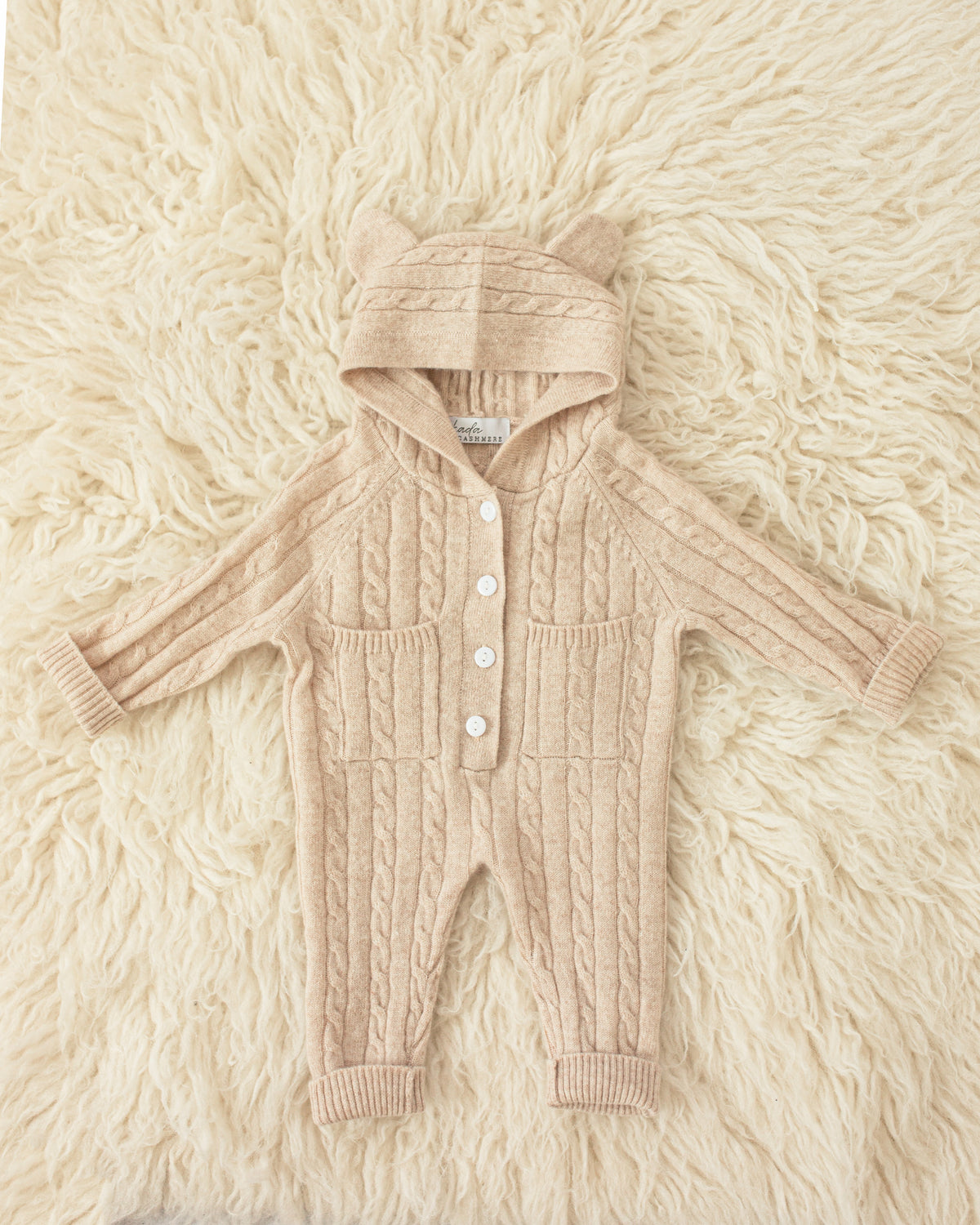 Cashmere Baby Bear Onesie — Hooded Romper with Bear Ears Biege