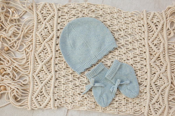 Cashmere Baby Beanie & Socks Set — Scalloped Edge with Pointelle Powder Blue