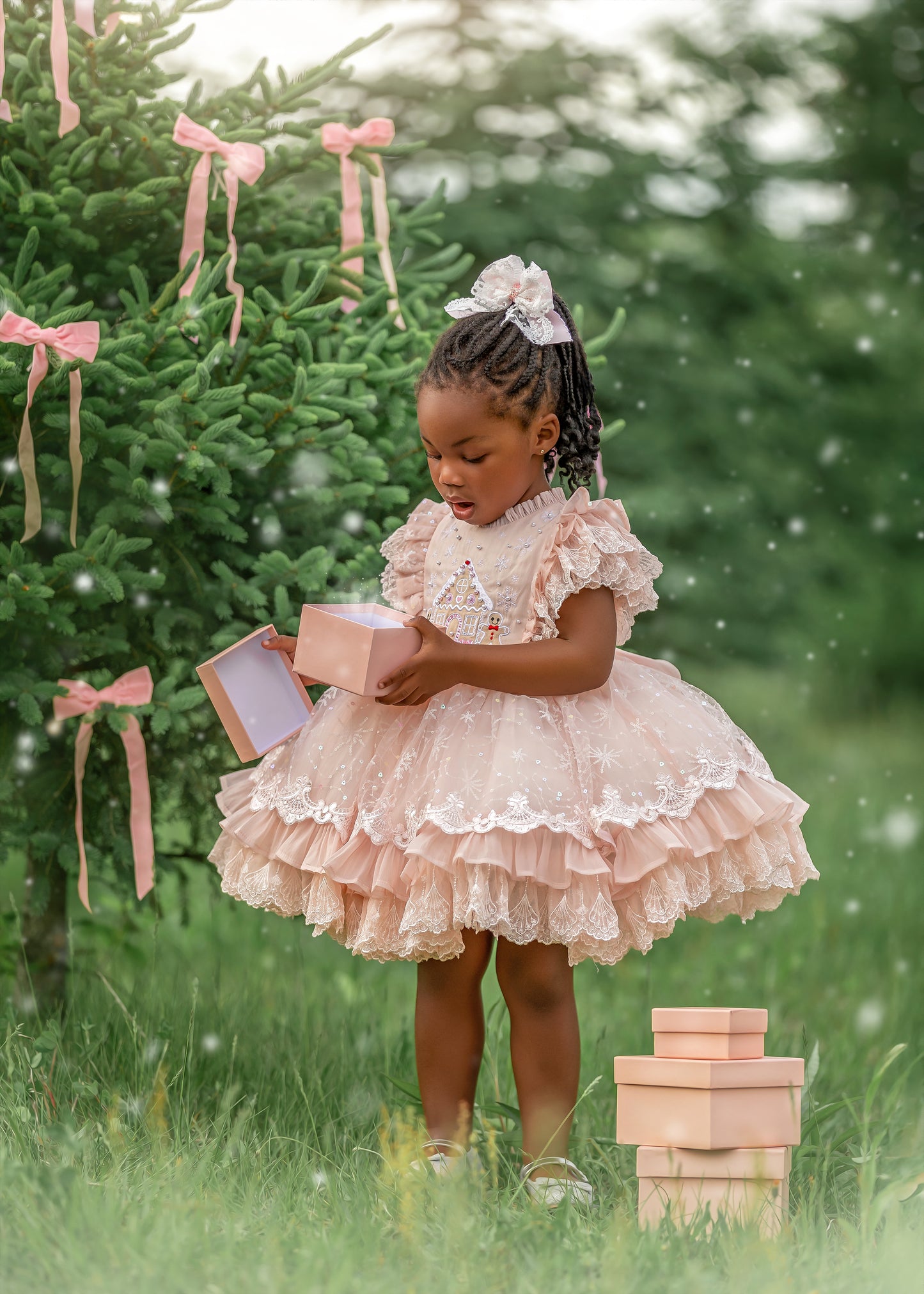 Blush Gingerbread Dream — Embroidered Christmas Girls Dress | Luxury Boutique Holiday Dress with Full Petticoat & Bloomer | Heirloom Quality | Pre-Order