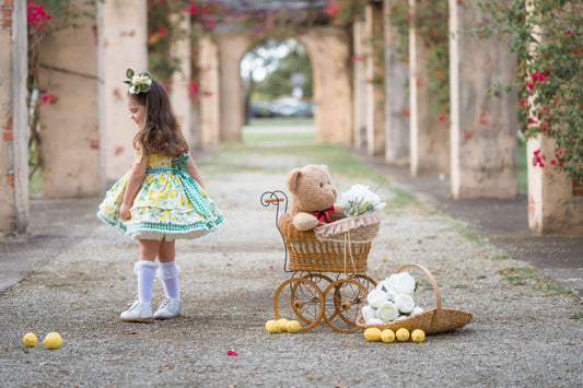 Lemon Meringue Dress – Lemon Print Vintage Inspired Cotton Boutique Girls Dress | Eyelet Lace Gingham Heirloom Style