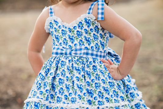 Blueberry Picnic Dress – Blueberry Print Vintage Inspired Cotton Boutique Girls Dress | Eyelet Lace Gingham Heirloom Style