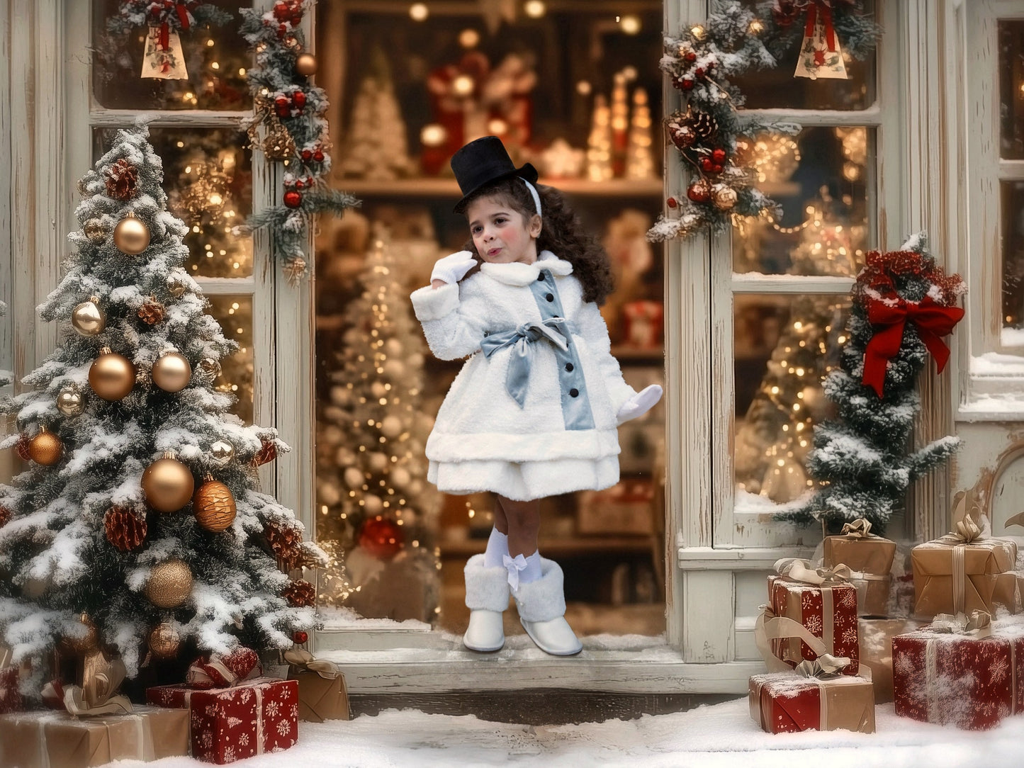 Hello Frosty Set – Luxury Silk Velvet Boutique Girls Set | Tweed Silver Faux Fur Coat Holiday Heirloom Style