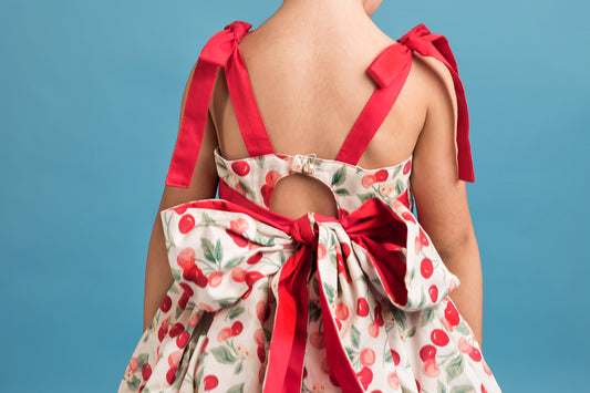 Miss Cherry Dress – Vintage Inspired Cotton Boutique Girls Dress | Cherry Print Ruffle Lace Heirloom Style