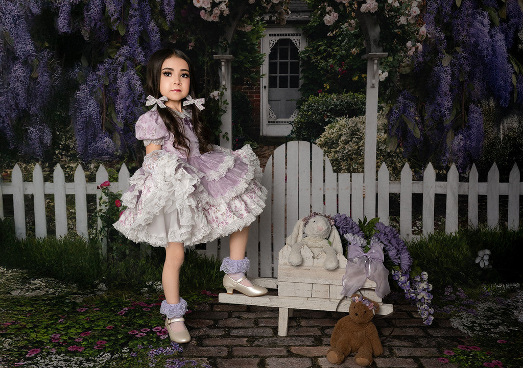 Lilas Étoilé Dress – Floral Print Vintage Inspired Boutique Girls Dress | Cotton Organza Lace Puff Sleeve Heirloom Style