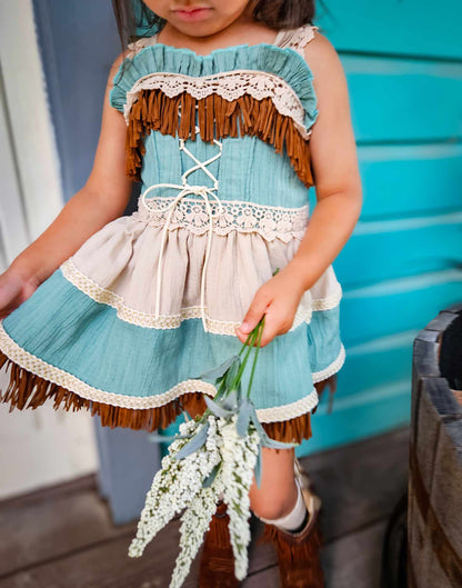 Teal Breeze and Blush Trail Romper – Vintage Inspired Boutique Girls Romper | Viscose Lace Fringe Cottagecore Style