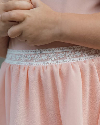 Ballet Pink Pirouette – Lace Detail Chiffon Boutique Girls Dance Leotard | Built-In Shorts Adjustable Straps Heirloom Style