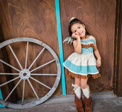 Teal Breeze and Blush Trail Romper – Vintage Inspired Boutique Girls Romper | Viscose Lace Fringe Cottagecore Style