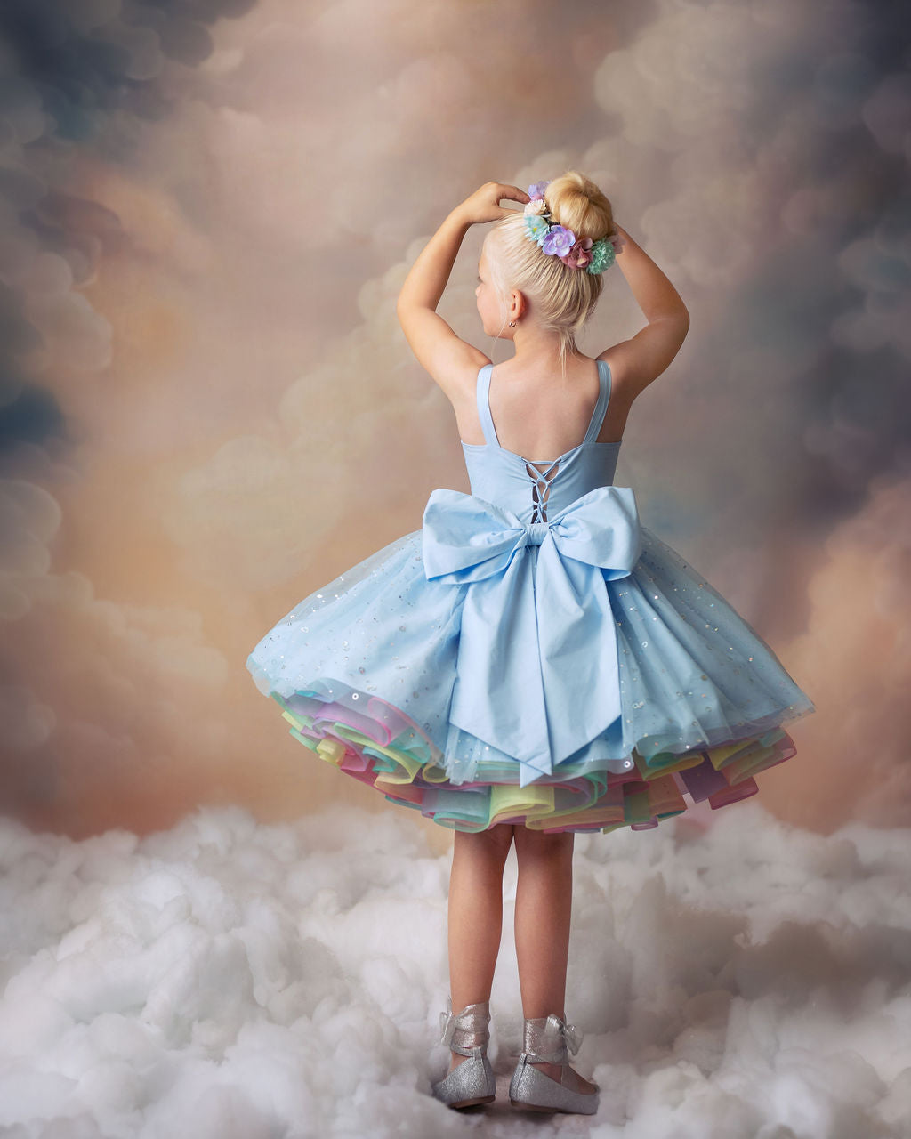 Rainbow on a Cloudy Day — Girls Rainbow Birthday Dress | Heirloom Tulle Petticoat & Bow Dress