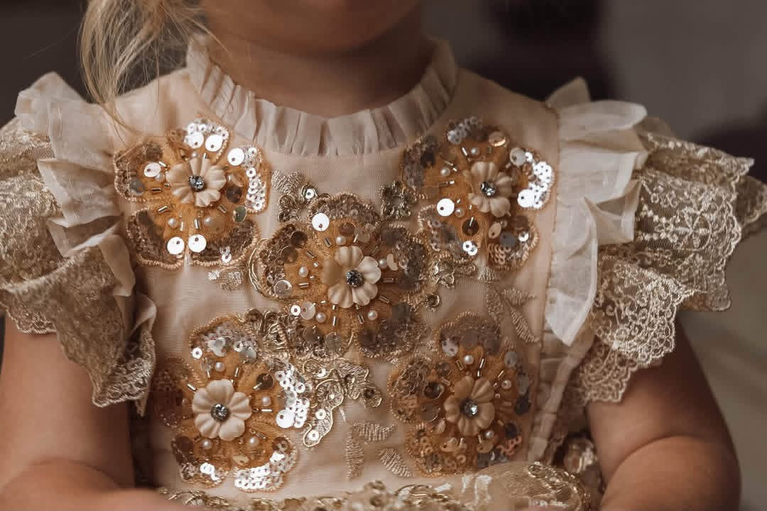 Golden Heiress Dress – Floral Appliqué Gold Lace Girls Dress | Organza Ruffle Heirloom Style