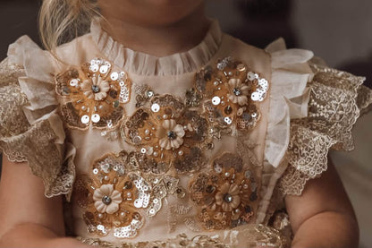 Golden Heiress Dress – Floral Appliqué Gold Lace Girls Dress | Organza Ruffle Heirloom Style