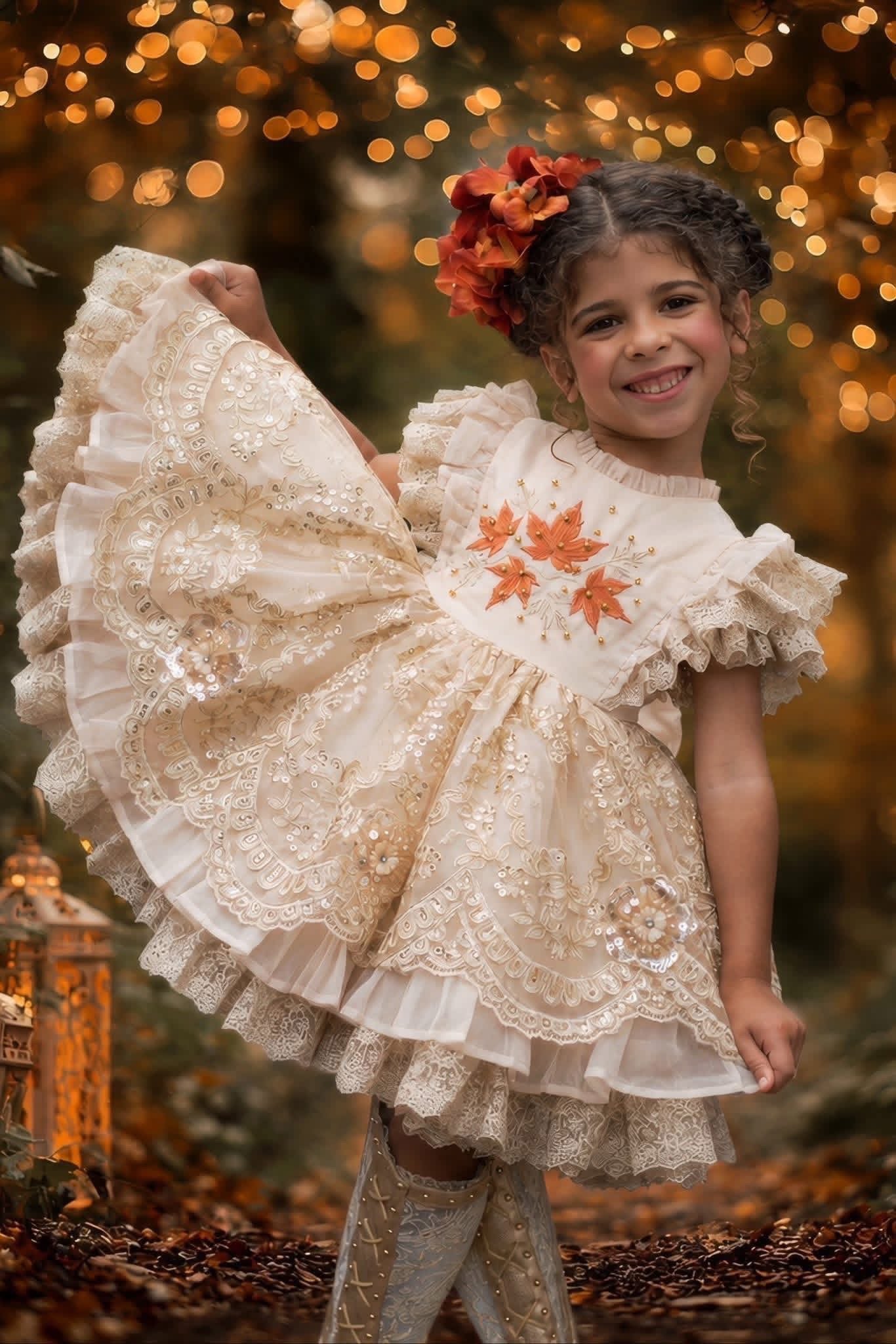 Falling in Lace — Embroidered Autumn Leaf Girls Dress | Gold Lace Ruffle Heirloom Boutique Dress
