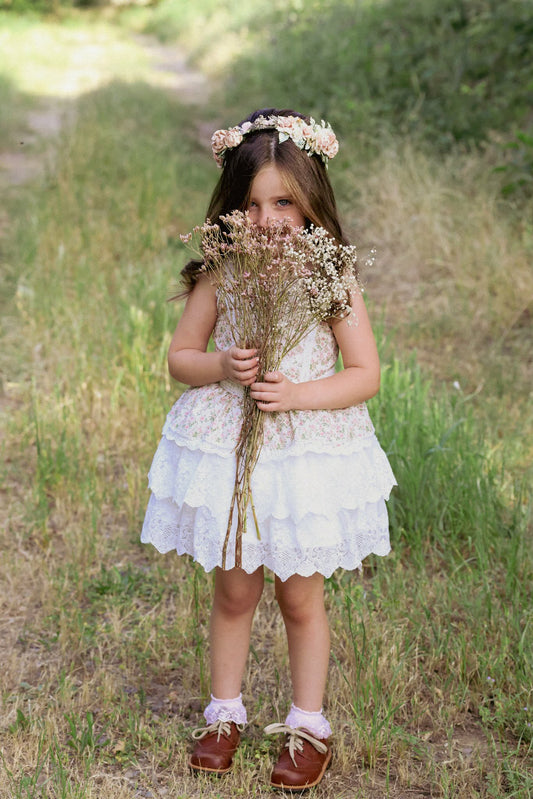 Rosebud Cottage Dress – Floral Print Cottagecore Boutique Girls Dress | Scalloped Lace Tiered Heirloom Style Flower Girl