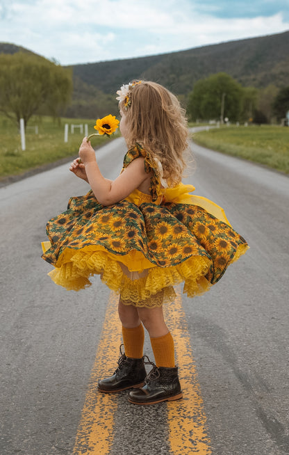 Golden Hour Heirloom — Sunflower Twirl Dress with Bloomer