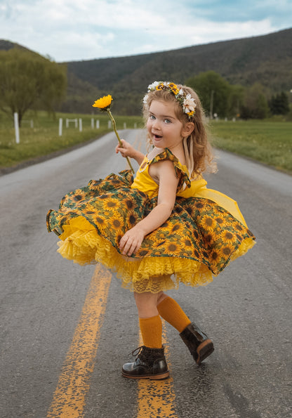 Golden Hour Heirloom — Sunflower Twirl Dress with Bloomer