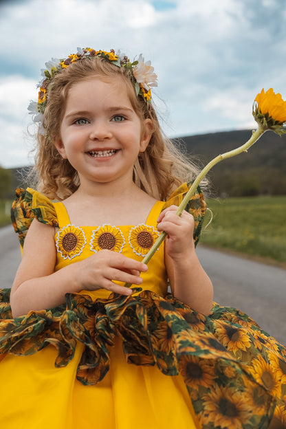 Golden Hour Heirloom — Sunflower Twirl Dress with Bloomer