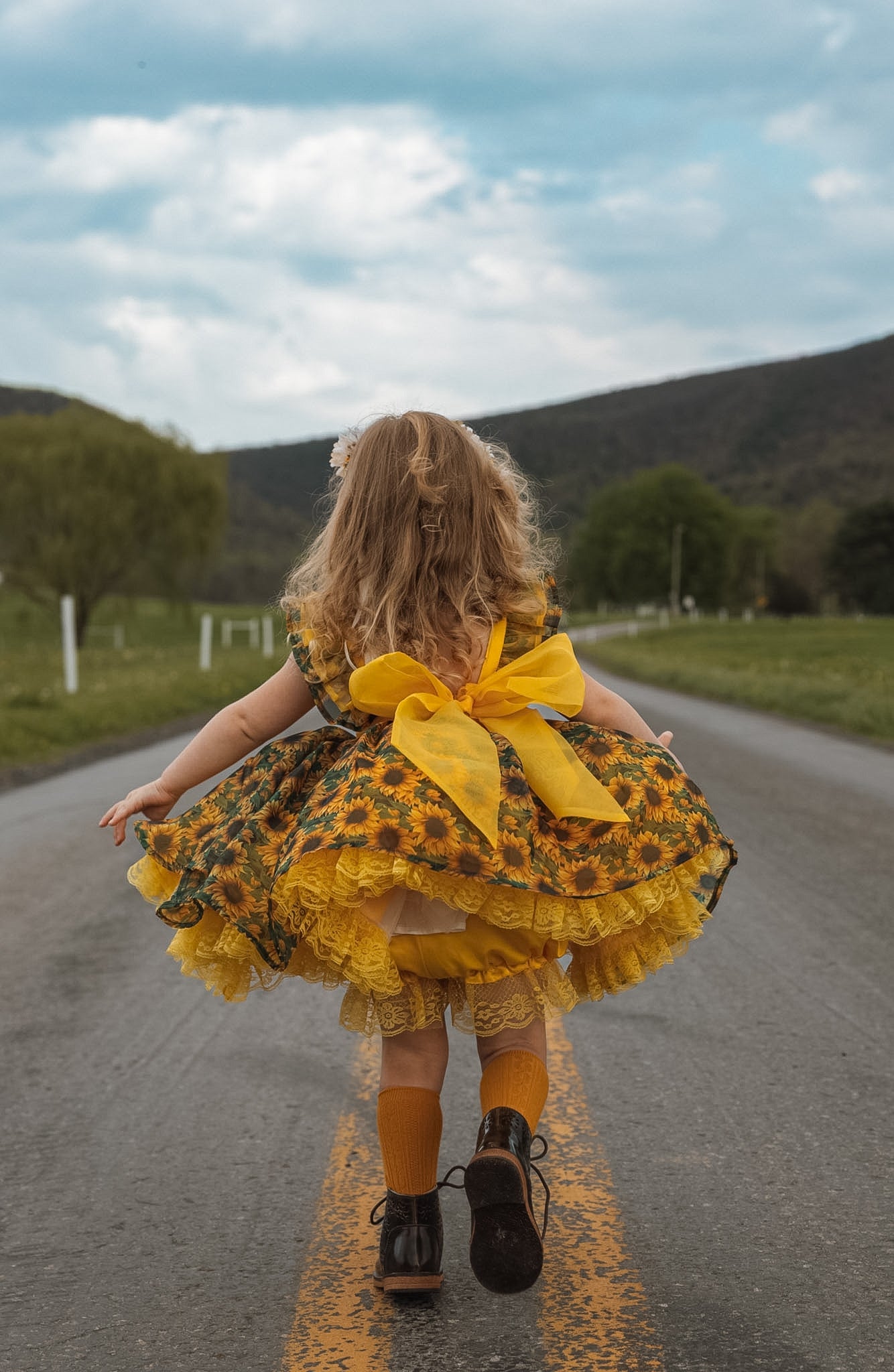Golden Hour Heirloom — Sunflower Twirl Dress with Bloomer