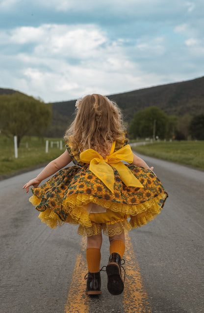 Golden Hour Heirloom — Sunflower Twirl Dress with Bloomer
