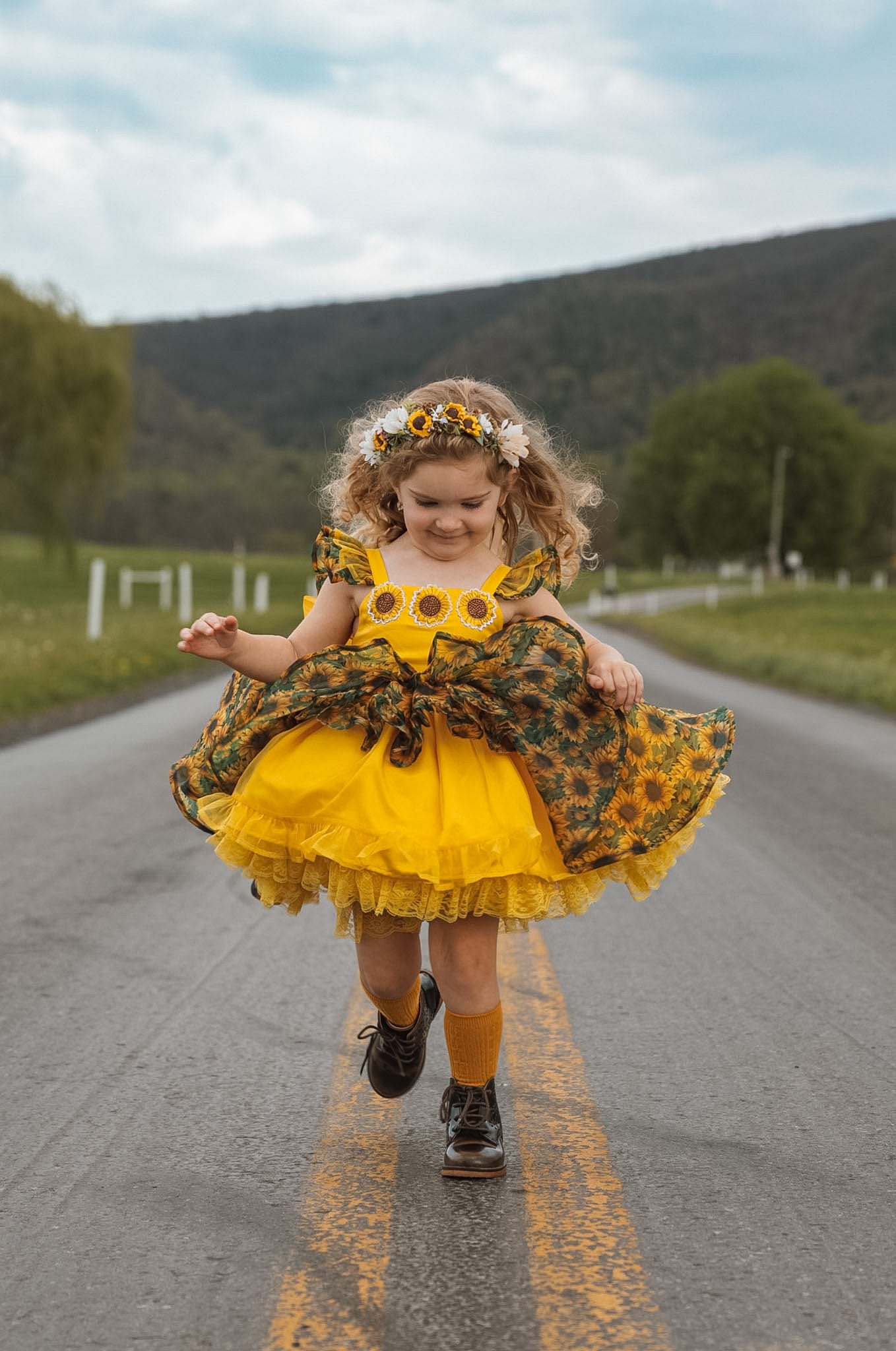Golden Hour Heirloom — Sunflower Twirl Dress with Bloomer