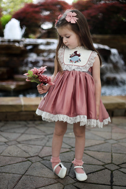 October Blush Dress – Embroidered Luxury Silk Boutique Girls Dress | Pumpkin Motif Lace Heirloom Style