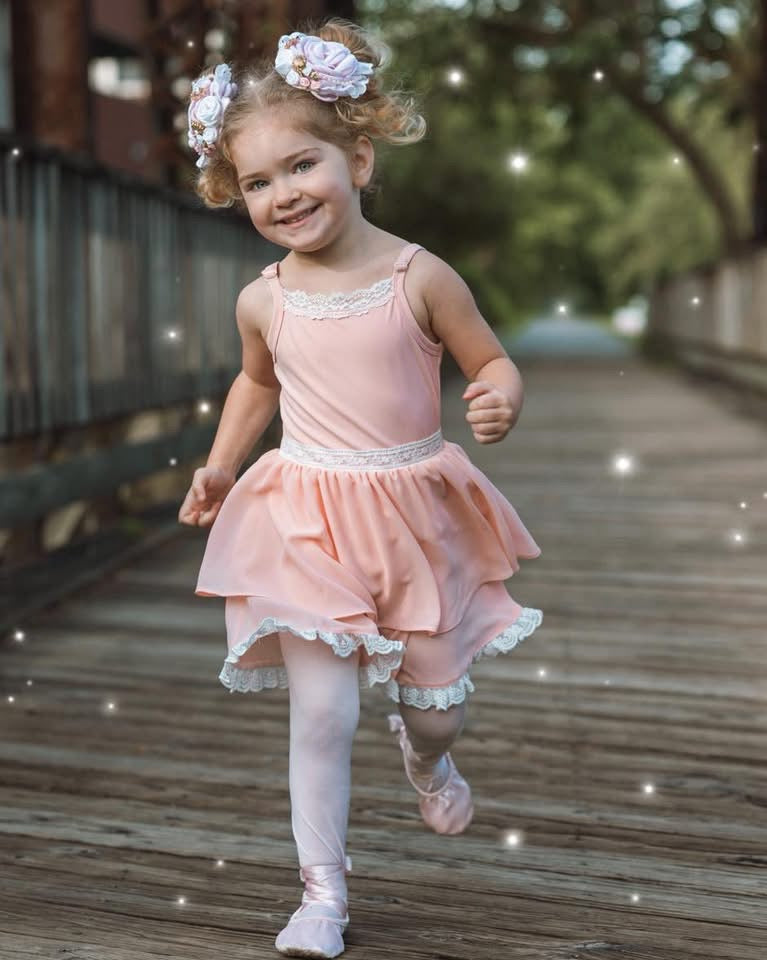 Ballet Pink Pirouette – Lace Detail Chiffon Boutique Girls Dance Leotard | Built-In Shorts Adjustable Straps Heirloom Style