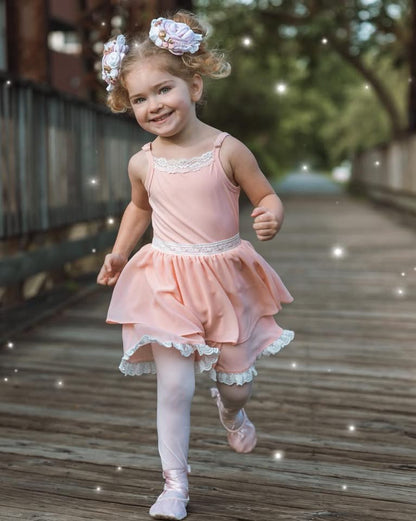 Ballet Pink Pirouette – Lace Detail Chiffon Boutique Girls Dance Leotard | Built-In Shorts Adjustable Straps Heirloom Style