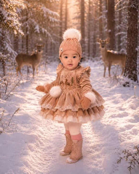 Fawn's Winter Dreams Bubble – Embroidered Boutique Girls Romper | Brushed Cotton Velvet Holiday Heirloom Style