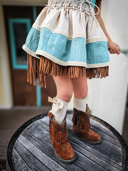Teal Breeze and Blush Trail Romper – Vintage Inspired Boutique Girls Romper | Viscose Lace Fringe Cottagecore Style