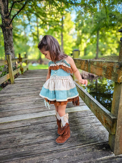 Teal Breeze and Blush Trail Romper – Vintage Inspired Boutique Girls Romper | Viscose Lace Fringe Cottagecore Style