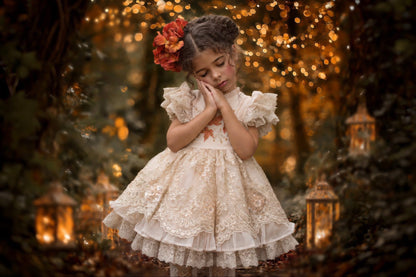Falling in Lace — Embroidered Autumn Leaf Girls Dress | Gold Lace Ruffle Heirloom Boutique Dress