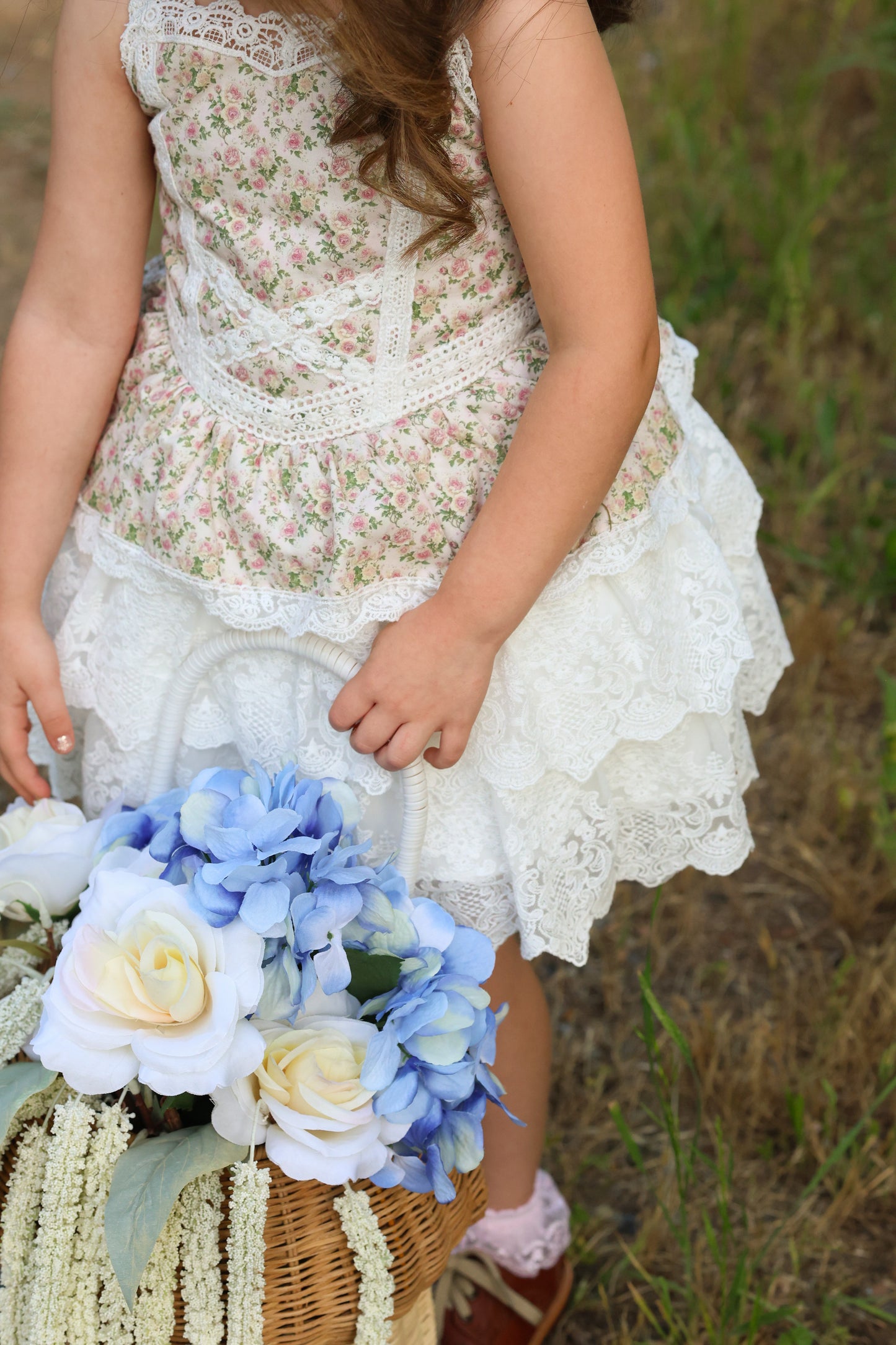 Rosebud Cottage Dress – Floral Print Cottagecore Boutique Girls Dress | Scalloped Lace Tiered Heirloom Style Flower Girl