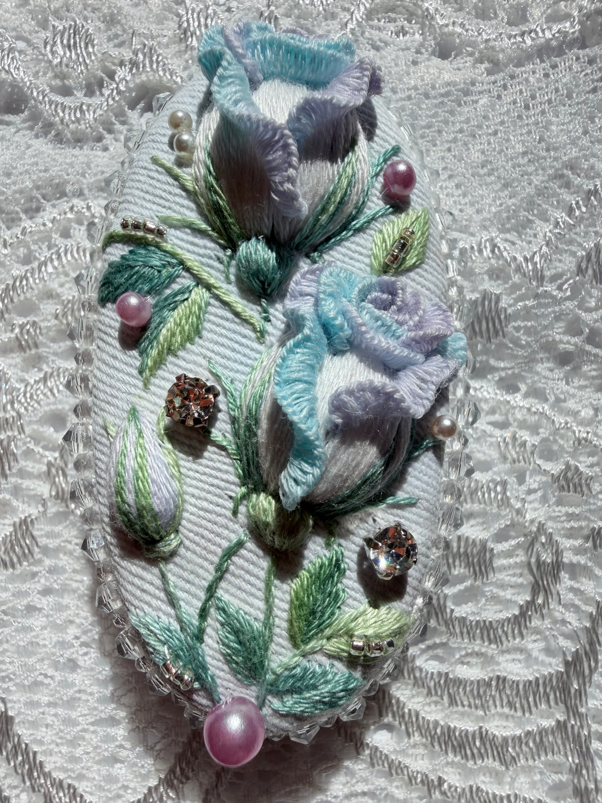 Hand-Embroidered 3D Rose Hair Clip — Ciel, Sky Blue