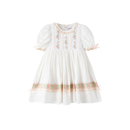 Rosebud Meadow Dress – Hand Embroidered Vintage Inspired Viscose Boutique Girls Dress | Floral Print Crochet Lace Heirloom Style