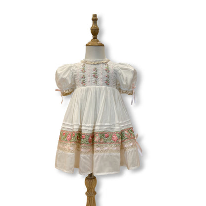 Rosebud Meadow Dress – Hand Embroidered Vintage Inspired Viscose Boutique Girls Dress | Floral Print Crochet Lace Heirloom Style