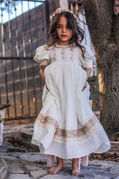 Rosebud Meadow Dress – Hand Embroidered Vintage Inspired Viscose Boutique Girls Dress | Floral Print Crochet Lace Heirloom Style