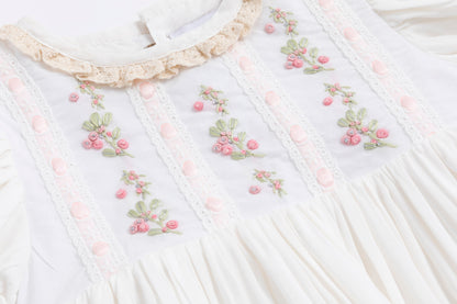 Rosebud Meadow Dress – Hand Embroidered Vintage Inspired Viscose Boutique Girls Dress | Floral Print Crochet Lace Heirloom Style