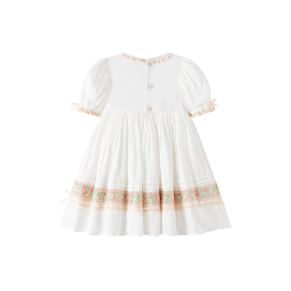 Rosebud Meadow Dress – Hand Embroidered Vintage Inspired Viscose Boutique Girls Dress | Floral Print Crochet Lace Heirloom Style
