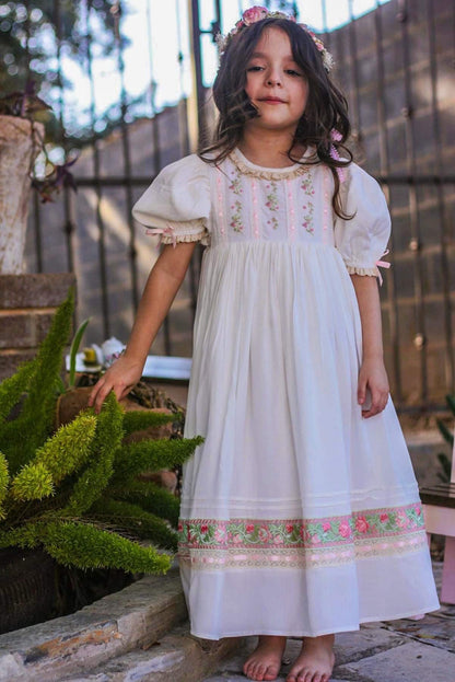 Rosebud Meadow Dress – Hand Embroidered Vintage Inspired Viscose Boutique Girls Dress | Floral Print Crochet Lace Heirloom Style