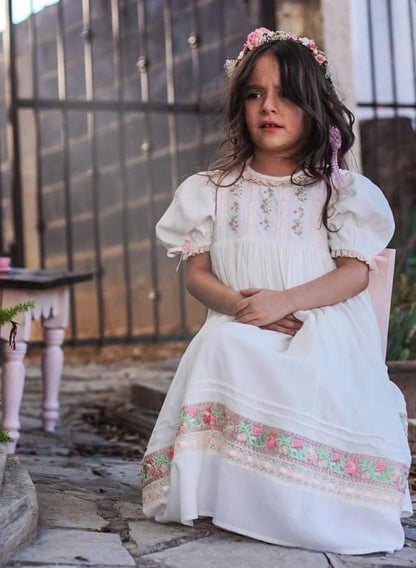 Rosebud Meadow Dress – Hand Embroidered Vintage Inspired Viscose Boutique Girls Dress | Floral Print Crochet Lace Heirloom Style