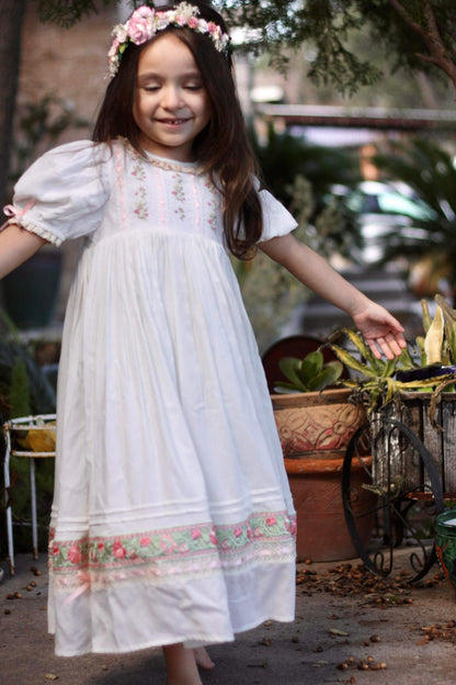 Rosebud Meadow Dress – Hand Embroidered Vintage Inspired Viscose Boutique Girls Dress | Floral Print Crochet Lace Heirloom Style