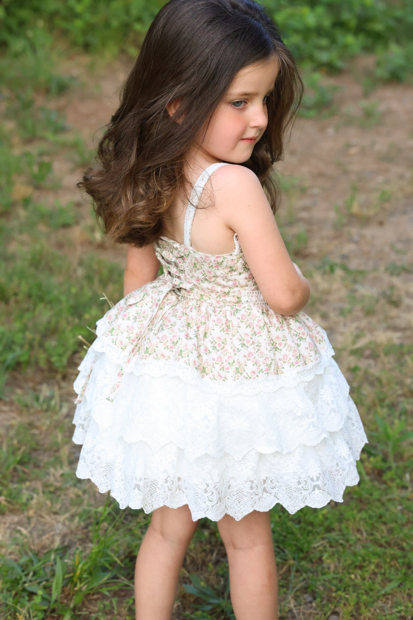 Rosebud Cottage Dress – Floral Print Cottagecore Boutique Girls Dress | Scalloped Lace Tiered Heirloom Style Flower Girl