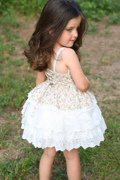 Rosebud Cottage Dress – Floral Print Cottagecore Boutique Girls Dress | Scalloped Lace Tiered Heirloom Style Flower Girl