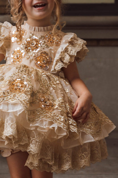Golden Heiress Dress – Floral Appliqué Gold Lace Girls Dress | Organza Ruffle Heirloom Style
