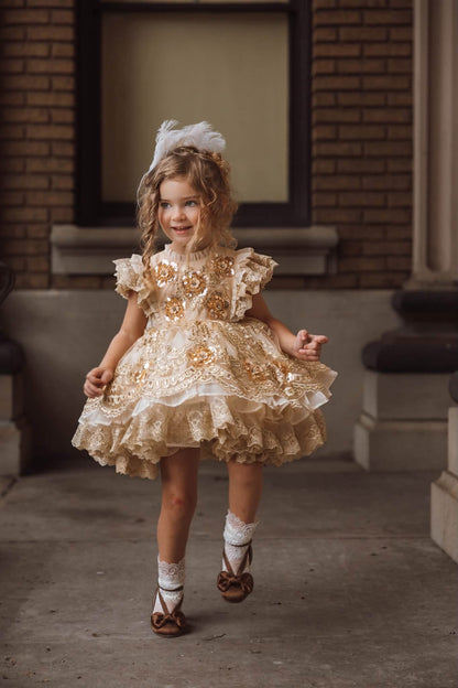 Golden Heiress Dress – Floral Appliqué Gold Lace Girls Dress | Organza Ruffle Heirloom Style