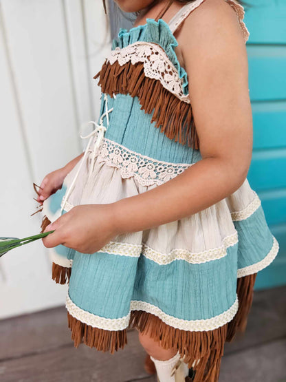 Teal Breeze and Blush Trail Romper – Vintage Inspired Boutique Girls Romper | Viscose Lace Fringe Cottagecore Style